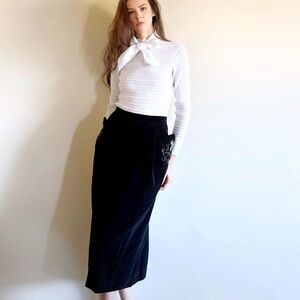 Vintage 40s Black Velvet Skirt with Flared Hip Pockets, and Beaded Embroidery